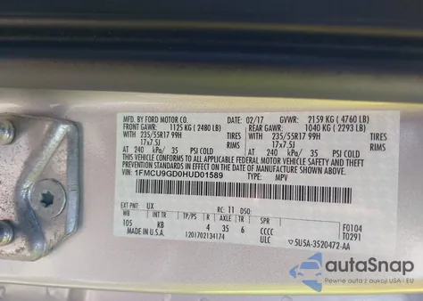 2017 Ford Escape Se из США, поврежденный, VIN 1FMCU9GD0HUD01589